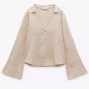 ZARA 100% linen top w/ flared sleeve & mother of pearl buttons in sand beige Med
